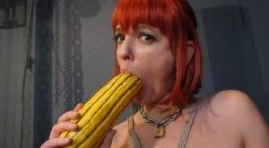 Kinky pierced BDSM slut Abigail Dupree pisses in carafe & toys ass with gourd on dollser.com