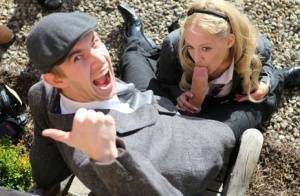 Blonde schoolgirl Loulou licks and sucks a huge dick while outdoors on dollser.com