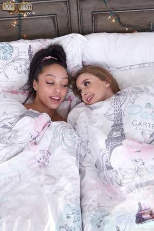 Interracial lesbians lick assholes and pussies on a bed in sport socks on dollser.com